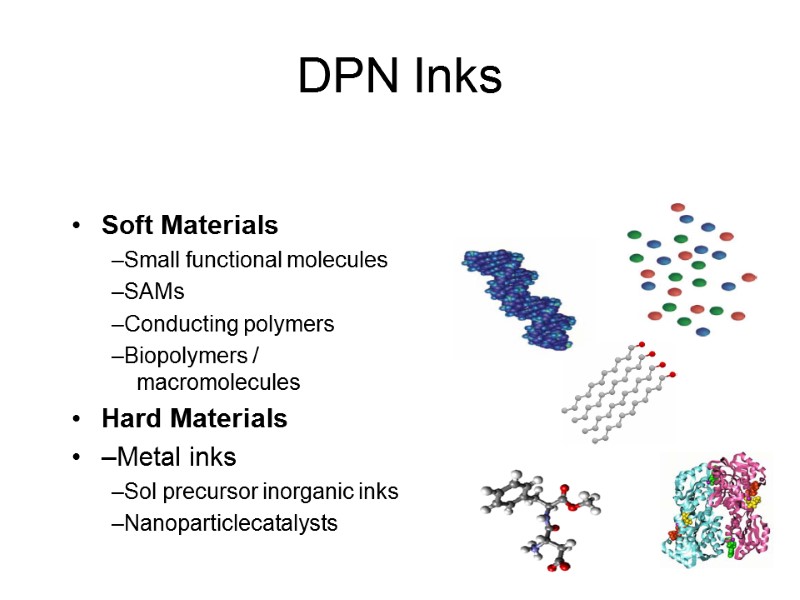 DPN Inks  Soft Materials –Small functional molecules –SAMs –Conducting polymers –Biopolymers / macromolecules